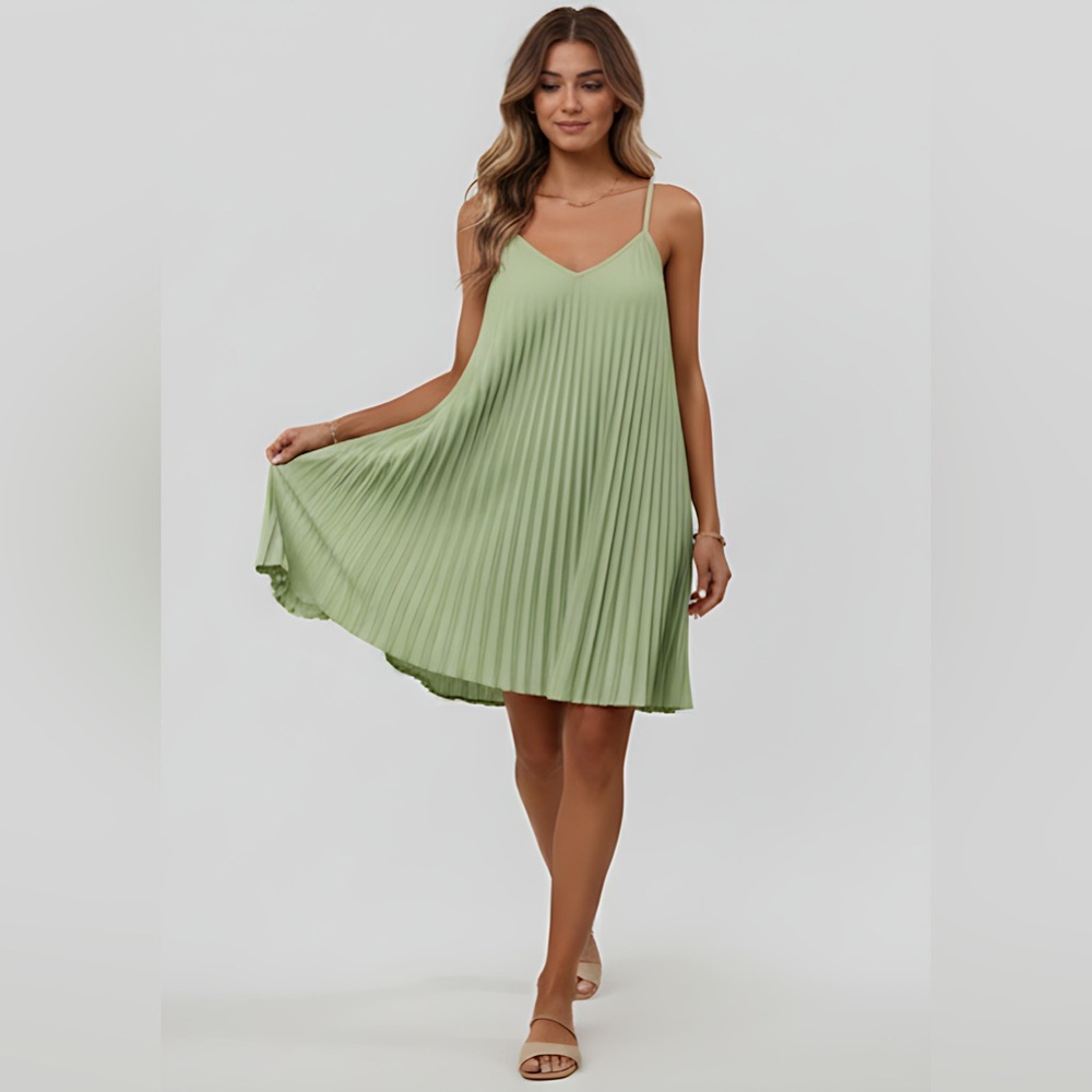 Pleated Spaghetti Strap Mini Dress Green - Picture 7 of 8